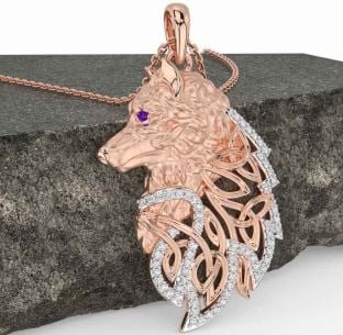 Diamond Amethyst Rose Gold Silver Celtic Wolf Necklace