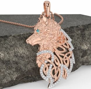 Diamond Aquamarine Rose Gold Silver Celtic Wolf Necklace