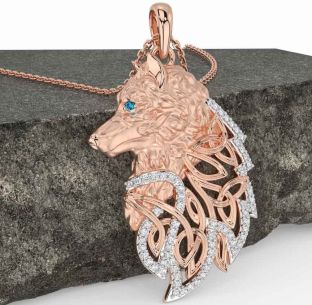Diamond Topaz Rose Gold Silver Celtic Wolf Necklace