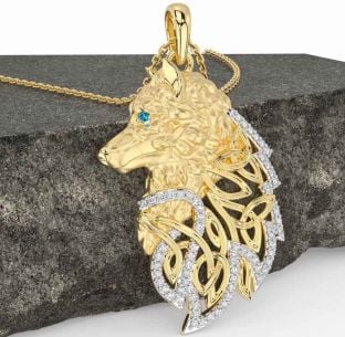Diamond Topaz Gold Silver Celtic Wolf Necklace