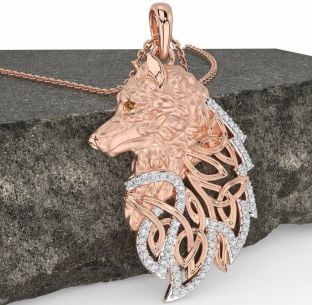 Diamond Citrine Rose Gold Celtic Wolf Necklace