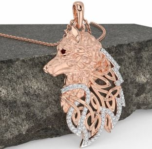 Diamond Garnet Rose Gold Celtic Wolf Necklace