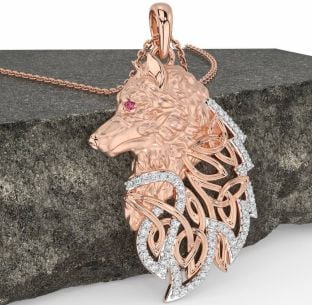 Diamond Pink Tourmaline Rose Gold Celtic Wolf Necklace