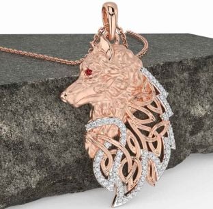 Diamant Rubin Reste sig Guld Keltiskt Varg Halsband