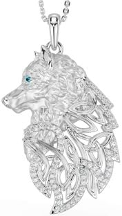 Diamond Aquamarine Silver Celtic Wolf Necklace