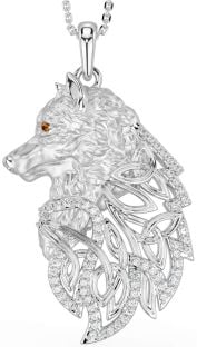 Diamond Citrine Silver Celtic Wolf Necklace