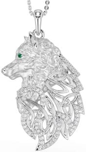 Diamond Emerald Silver Celtic Wolf Necklace