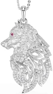 Diamond Pink Tourmaline Silver Celtic Wolf Necklace