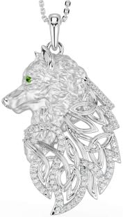 Diamond Peridot Silver Celtic Wolf Necklace