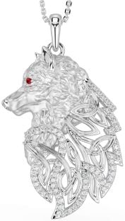 Diamond Ruby Silver Celtic Wolf Necklace