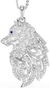 Diamond Sapphire Silver Celtic Wolf Necklace