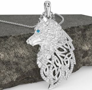 Diamond Topaz Silver Celtic Wolf Necklace