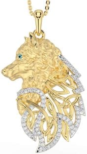 Diamond Aquamarine Gold Celtic Wolf Necklace