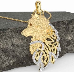 Diamond Citrine Gold Celtic Wolf Necklace