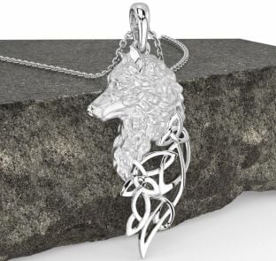 White Gold Celtic Wolf Necklace