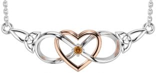 Citrine Rose Gold Silver Celtic Infinity Heart Trinity Knot Necklace