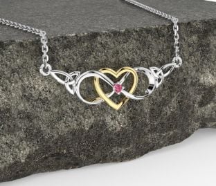 Pink Tourmaline Gold Silver Celtic Infinity Heart Trinity Knot Necklace