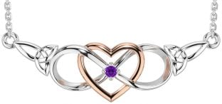 Amethyst Rose Gold Silver Celtic Infinity Heart Trinity Knot Necklace