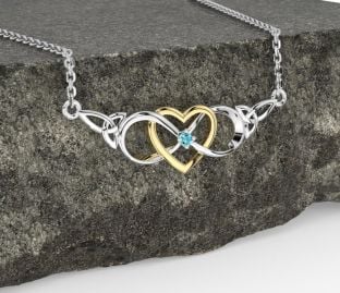 Aquamarine Gold Silver Celtic Infinity Heart Trinity Knot Necklace