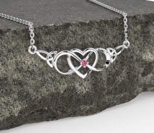 Pink Tourmaline White Gold Celtic Infinity Heart Trinity Knot Necklace