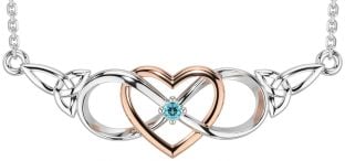 Aquamarine White Rose Gold Celtic Infinity Heart Trinity Knot Necklace