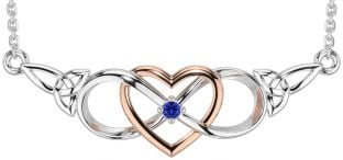 Sapphire White Rose Gold Celtic Infinity Heart Trinity Knot Necklace