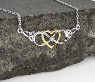 Diamond White Yellow Gold Celtic Infinity Heart Trinity Knot Necklace