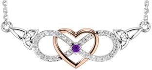 Diamond Amethyst Rose Gold Silver Celtic Infinity Heart Trinity Knot Necklace