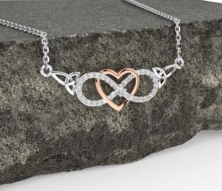 Diamond Rose Gold Silver Celtic Infinity Heart Trinity Knot Necklace