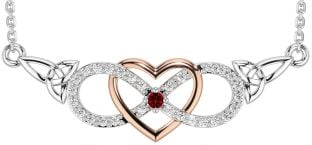 Diamond Garnet Rose Gold Silver Celtic Infinity Heart Trinity Knot Necklace