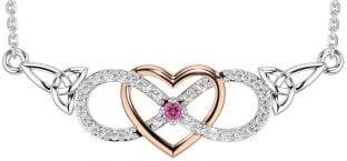 Diamond Pink Tourmaline Rose Gold Silver Celtic Infinity Heart Trinity Knot Necklace