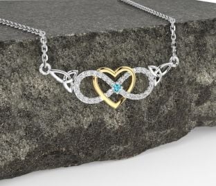 Diamond Aquamarine Gold Silver Celtic Infinity Heart Trinity Knot Necklace