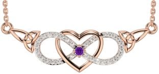 Diamond Amethyst Rose Gold Silver Celtic Infinity Heart Trinity Knot Necklace