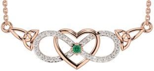 Diamond Emerald Rose Gold Celtic Infinity Heart Trinity Knot Necklace