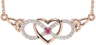 Diamond Pink Tourmaline Rose Gold Celtic Infinity Heart Trinity Knot Necklace