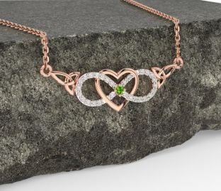 Diamond Peridot Rose Gold Celtic Infinity Heart Trinity Knot Necklace