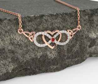 Diamant Rubin Reste sig Guld Keltiskt Oändlighet Hjärta Treenighet Knut Halsband