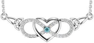 Diamond Aquamarine Silver Celtic Infinity Heart Trinity Knot Necklace