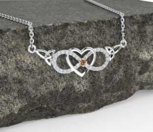 Diamond Citrine Silver Celtic Infinity Heart Trinity Knot Necklace