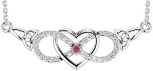 Diamond Pink Tourmaline Silver Celtic Infinity Heart Trinity Knot Necklace