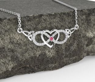 Diamond Pink Tourmaline Silver Celtic Infinity Heart Trinity Knot Necklace