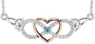 Diamond Aquamarine Rose Gold Silver Celtic Infinity Heart Trinity Knot Necklace