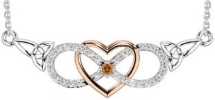 Diamond Citrine Rose Gold Silver Celtic Infinity Heart Trinity Knot Necklace