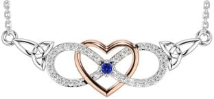 Diamond Sapphire Rose Gold Silver Celtic Infinity Heart Trinity Knot Necklace