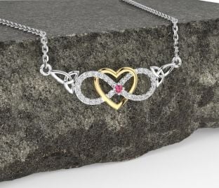 Diamond Pink Tourmaline Gold Silver Celtic Infinity Heart Trinity Knot Necklace