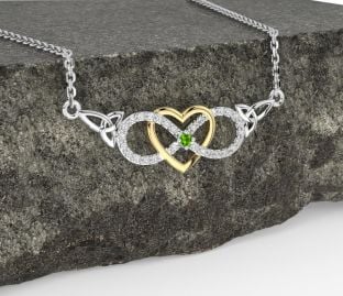 Diamant Peridot Zlato stříbrný keltský Nekonečno Srdce Trojice Uzel Náhrdelník