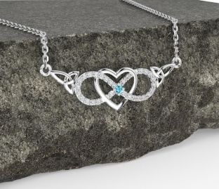 Diamond Aquamarine White Gold Celtic Infinity Heart Trinity Knot Necklace