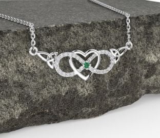 Diamond Emerald White Gold Celtic Infinity Heart Trinity Knot Necklace