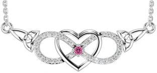 Diamond Pink Tourmaline White Gold Celtic Infinity Heart Trinity Knot Necklace