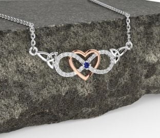 Diamond Sapphire White Rose Gold Celtic Infinity Heart Trinity Knot Necklace